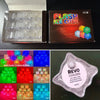 Multi Color LED ice cubes with push button on/off have 8 modes.  Steady on colors are blue, red, green, pink, aqua, lemon lime, confetti.  and a random blink mode that cycles through all colors.  Push button cubes are the best in the market and work in ice as well as in liquids.  Cubes are sealed safe for use in drinks.  Batteries are not replaceable for that safety.  Life of batteries can vary between 20-30 hours.  Packed 12 per box.