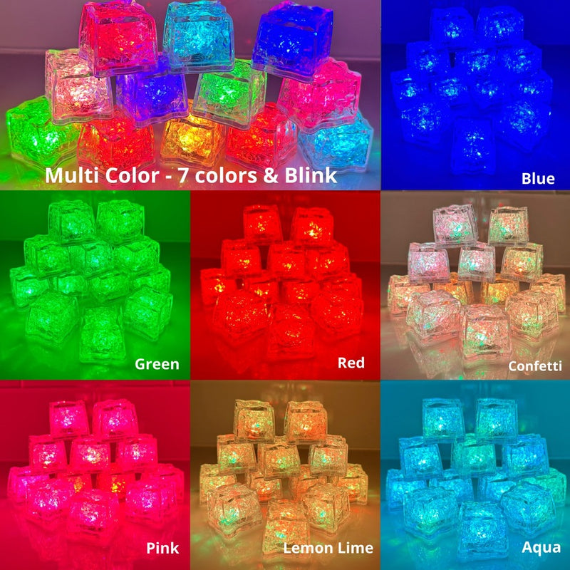 Multi Color LED ice cubes with push button on/off have 8 modes.  Steady on colors are blue, red, green, pink, aqua, lemon lime, confetti.  and a random blink mode that cycles through all colors.  Push button cubes are the best in the market and work in ice as well as in liquids.  Cubes are sealed safe for use in drinks.  Batteries are not replaceable for that safety.  Life of batteries can vary between 20-30 hours.  Packed 12 per box.