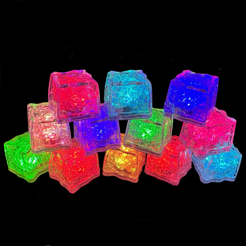 Multi Color LED ice cubes with push button on/off have 8 modes. Steady on colors are blue, red, green, pink, aqua, lemon lime, confetti. and a random blink mode that cycles through all colors. Push button cubes are the best in the market and work in ice as well as in liquids. Cubes are sealed safe for use in drinks. Batteries are not replaceable for that safety. Life of batteries can vary between 20-30 hours. Packed 12 per box.