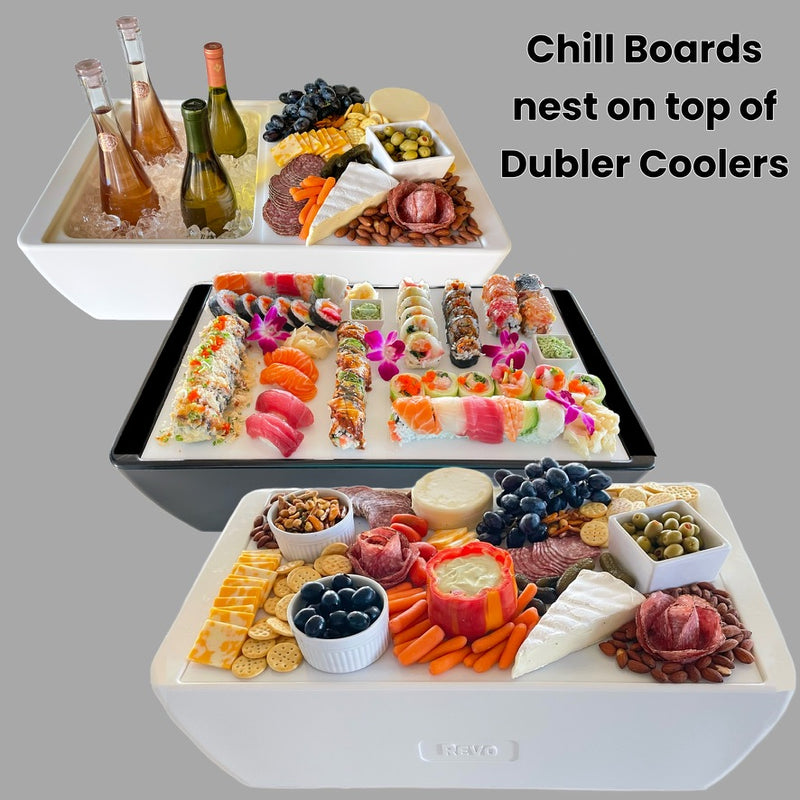 Dubler chill boards preserve charcuterie, sushi and desserts longer.  For use on top of a Dubler cooler with ice, which chills the boards all day.
