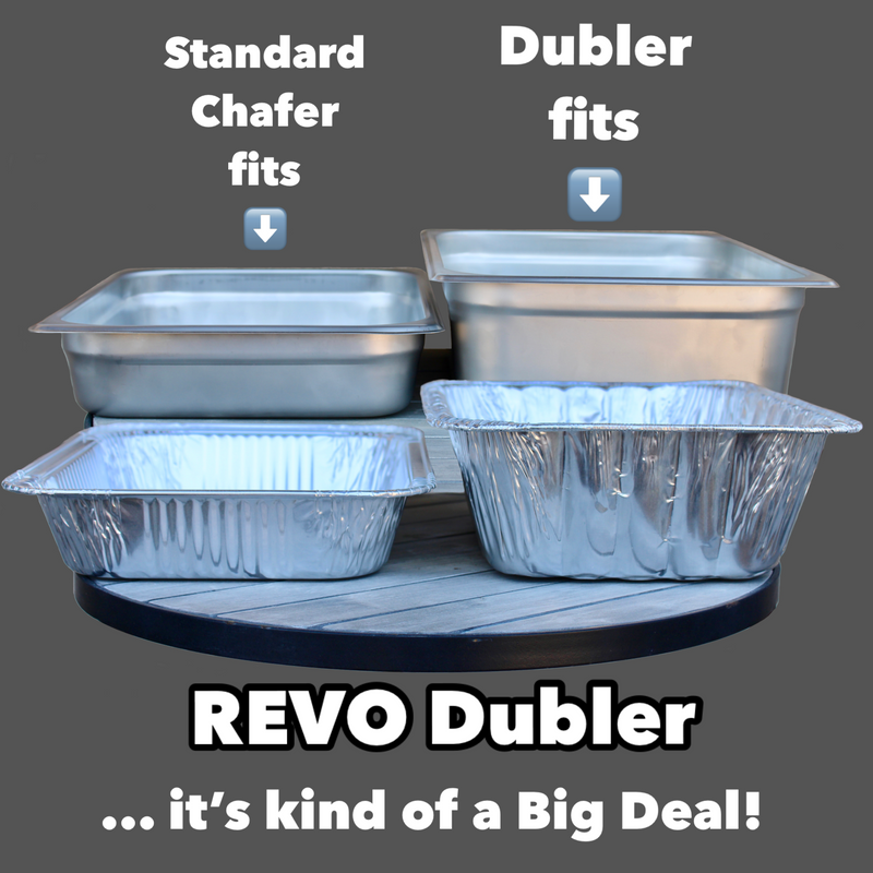 REVO insulated flameless chafer and beverage tub for food tray warming and chilled beverage displays.